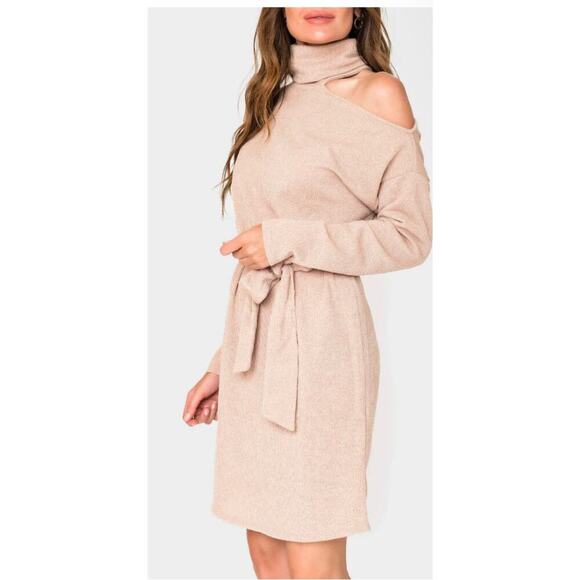 Gibsonlook Dresses & Skirts - Gibsonlook mock Neck Ribbed One Shoulder Cut Out Knit sweater Dress Nude Blush S